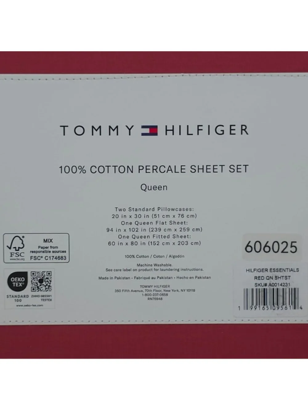 Tommy Hilfiger 100% Cotton Percale Queen Sheet Set Red Hilfiger Essentials